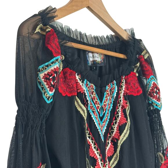 Vintage Collection Blouse Womens Small Embroidered Boho Tunic Top Festival Black - Picture 3 of 16